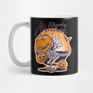 Spooky Halloween Dinosaur Holding pumpkins in a Forest Mug